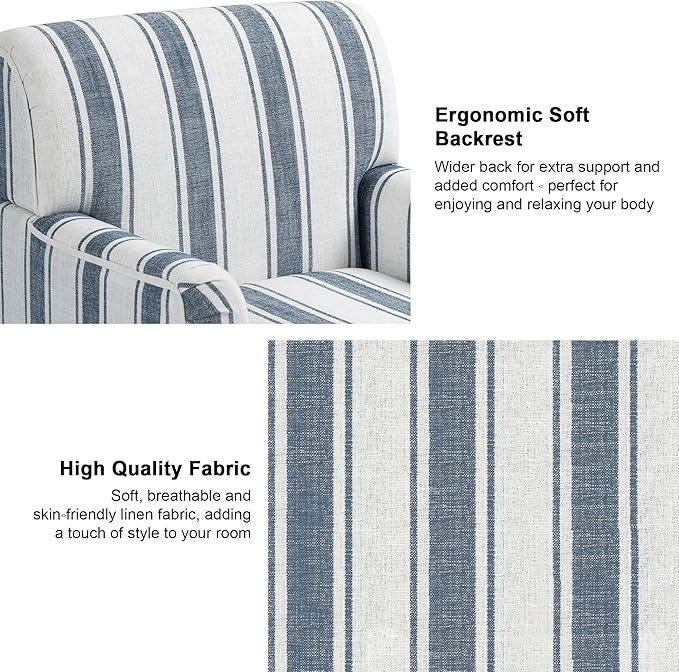 Accent Chair, Mid Century Modern Comfy Armchair for Living Room, Linen Fabric Single Sofa Lounge for Reading Bedroom Apartment Waiting Room with Wood Legs (Dark Blue Stripe, Set of 2)