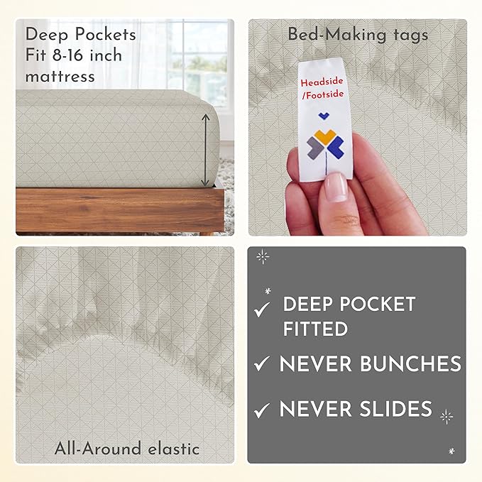 California Design Den Full Size Bed Sheets Set - 400 Thread Count Sateen, Natural 100% Cotton Sheets Full Size, Deep Pocket and Durable Bedding Set - Taupish-Sage Crosshatch