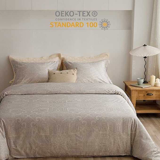 HeimenAogo Egyptian Cotton Duvet Cover California King Sateen Weave, Silky Soft Boho Duvet Cover Zipper Closure, Long Staple Cotton Bed Linen Boteh Damask Medallion Paisley 3Pcs (104"×98")