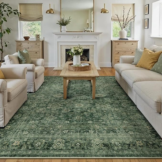 9x12 Green Vintage Area Rug for Living Room Bedroom Distressed Rustic Large Carpet Non-Slip Low Pile Lightweight Vacuumable Soft Washable Throw Rug for Indoor Dining Room