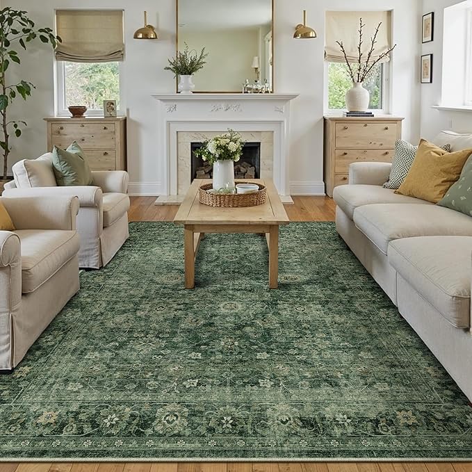 8x10 Washable Area Rug for Living Room Bedroom Green Vintage Distressed Rustic Large Carpet Non-Slip Low Pile Lightweight Vacuumable Soft Throw Rug for Indoor Dining Room