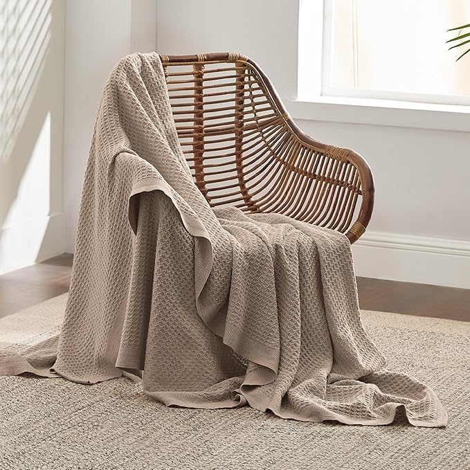 Bedsure Gentlesoft 100% Cotton Large Throw Blanket for Couch 50x70 inches - Breathable and Soft, Waffle Weave Throw Blanket for Office, Light Brown