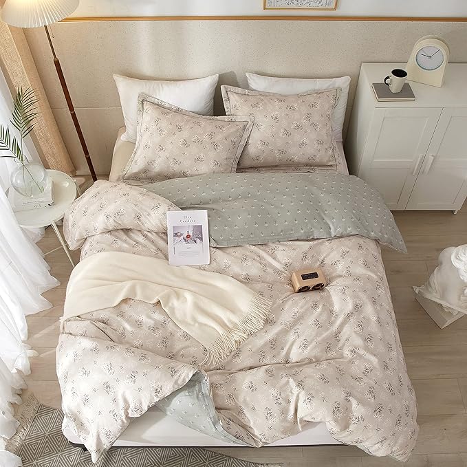 HighBuy Boho Floral Duvet Cover King Bedding Vintage Cotton Aesthetic Bedding Set King Size Comforter Cover Set Garden Lightweight Soft Duvet Cover Set Zipper Closure Breathable