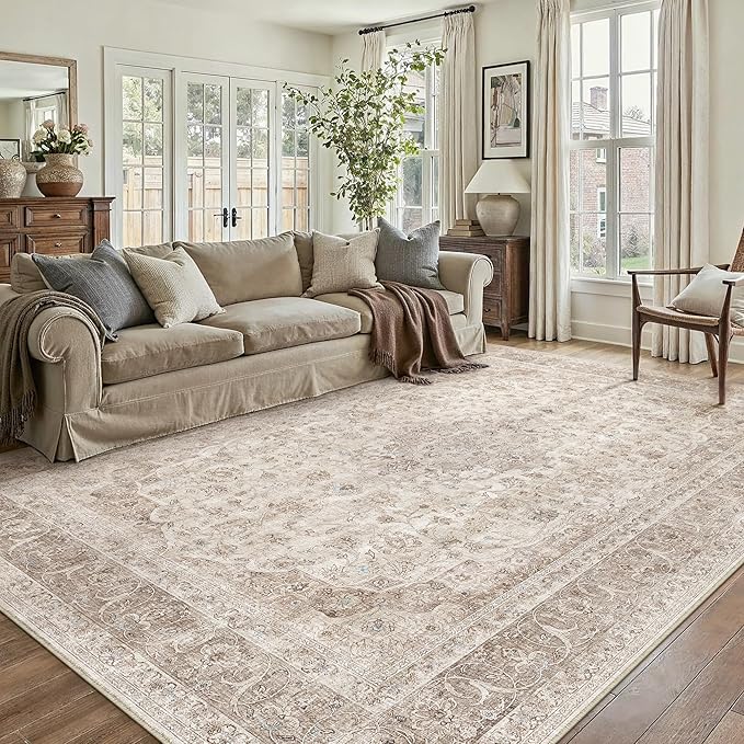 Beige Area Rug 8x10 for Living Room Washable Vintage Carpet Low Pile Non Slip Distressed Soft Traditional Retro Oriental Large Accent Throw Rug Office Bedroom Dining Room Playroom