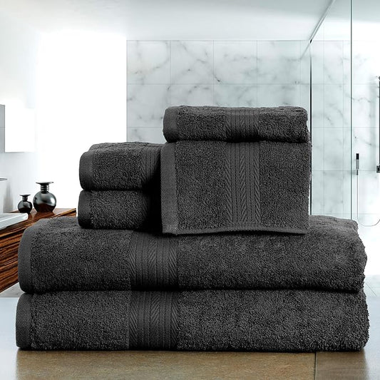 Ample Decor 100% Cotton Bathroom Towel Set of 6-2 Bath Towels, 2 Hand Towels, 2 Washcloths, Machine Washable - Grey Towel Sets