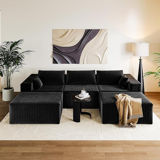 110" Cloud Couch Sectional for Living Room U-Shape Boneless Couches Modular Sectional Sofa with Deep Seat with Chaise,No Assembly Required, Carbon Black(Plush Corduroy Fabric)