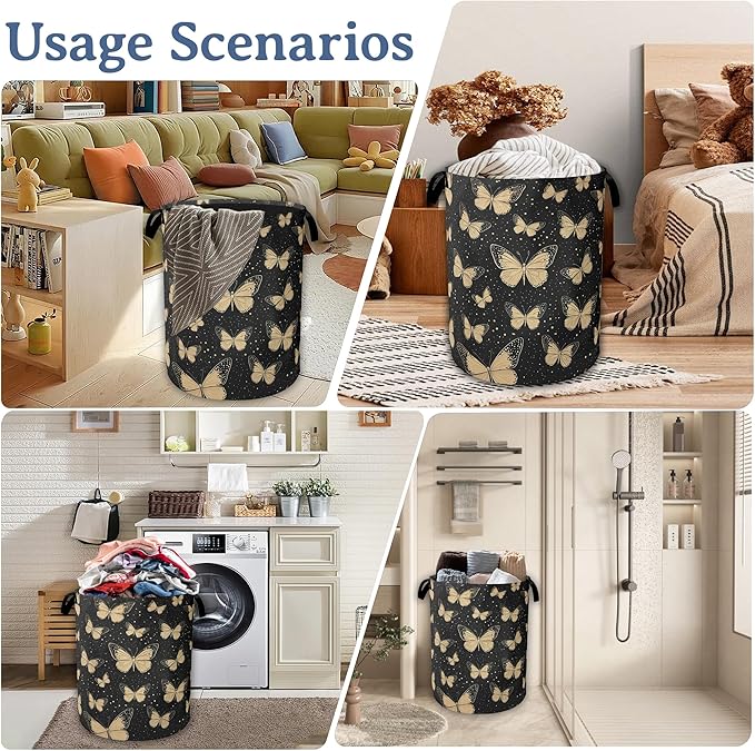 Golden Butterfly Laundry Basket,Foldable Waterproof Oxford Cloth Tote Bag Vintage Laundry Hamper with Handles,20.8"x16" Clothes Storage Bucket Organizer for Laundry Room, Bathroom, Bedroom