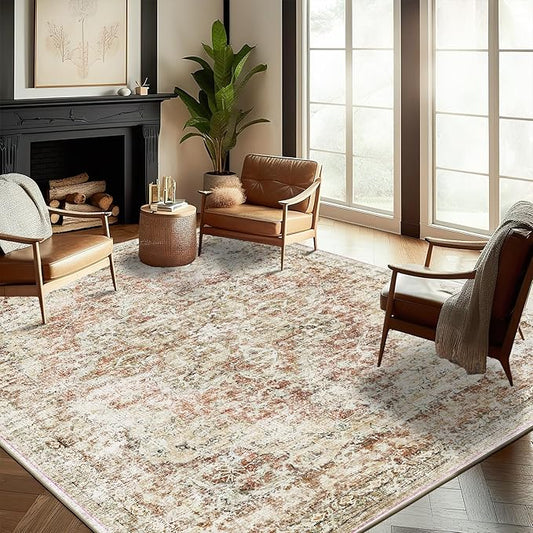 Washable Area Rug 8'x10' Retro Boho Design Non-Shedding Non-Slip Easy Care Ideal for High Traffic Areas in Living Room Bedroom Office Coffee Table Kitchen Large Carpet