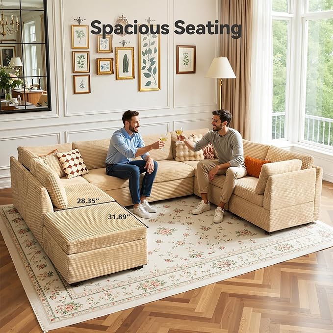 Large 8 Seat Modular Sectional Sofa with Ottoman Seat Corduroy Sleeper Sectional Sofa Bed Oversized Convertible Modular Couch for Living Room