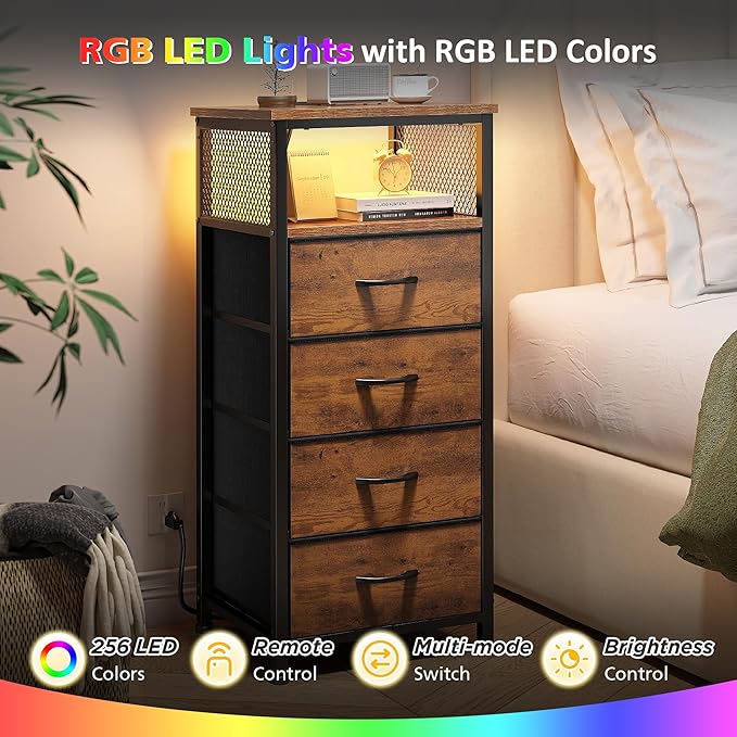 EnHomee Nightstand Set of 2, Night Stand with Charging Station & LED, Bedside Table with Fabric Drawers and Storage Shelf, Sturdy Steel Frame, Wood Top, Cloth Bags, Hooks, Brown