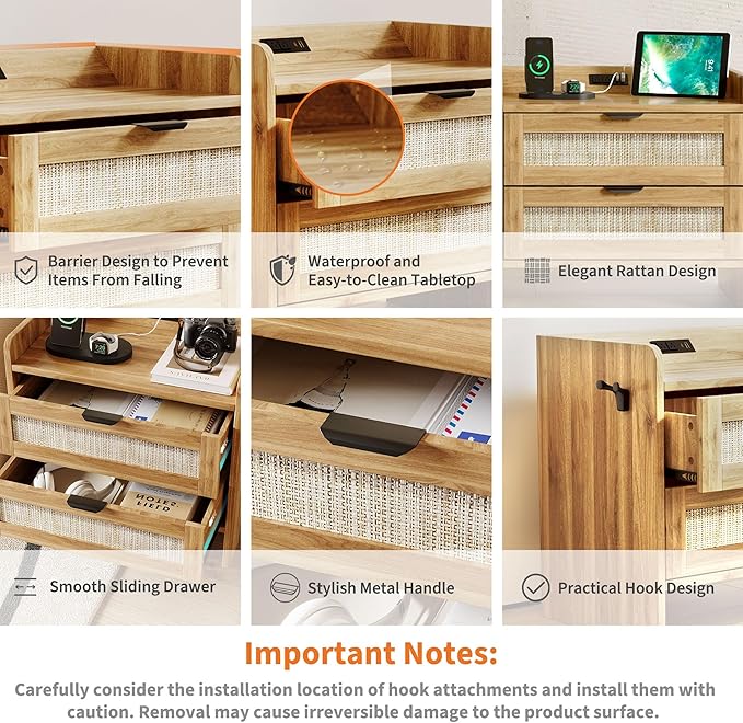 Rattan Nightstand Set of 2, Bedside Table with Type-C Charging Station - 2 Storage Drawer Space, Boho End Table Side Table for Bedroom Office, Large Night Stand with Charging Port