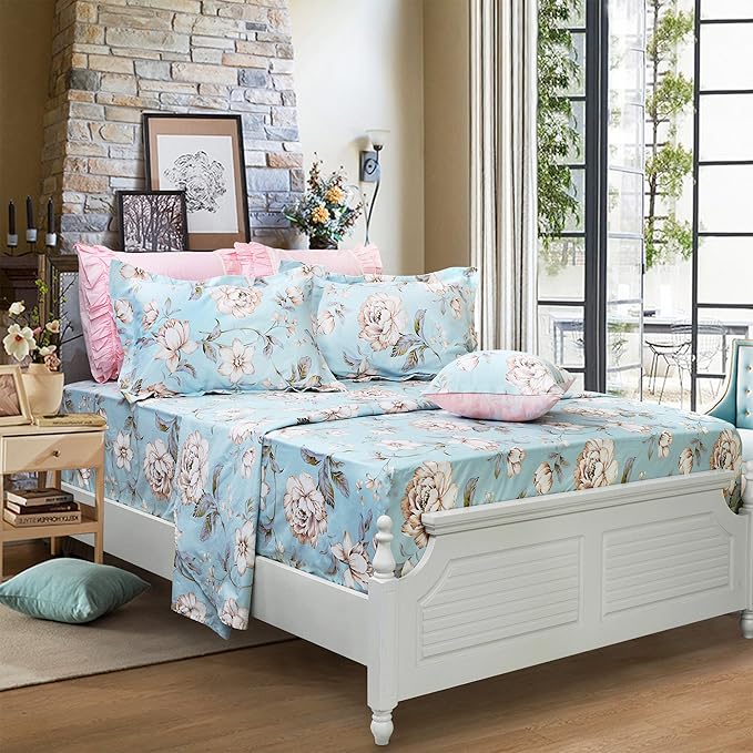 FADFAY Shabby Floral Bed Sheet Set Farmhouse Bedding Blue Cotton Winter Bedding Deep Pocket Sheets 4-Piece Queen Size