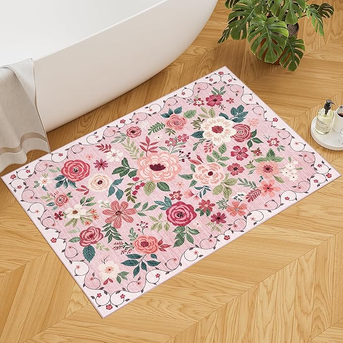 DUKINO 2x3 Rugs for Entryway, Floral Indoor Washable Door Mat, Non Slip Boho Small Rug for Kitchen, Soft Low Pile, Front Door Throw Rug for Entrance, Bedroom, Kitchen, Laundry, Bathroom, Pink