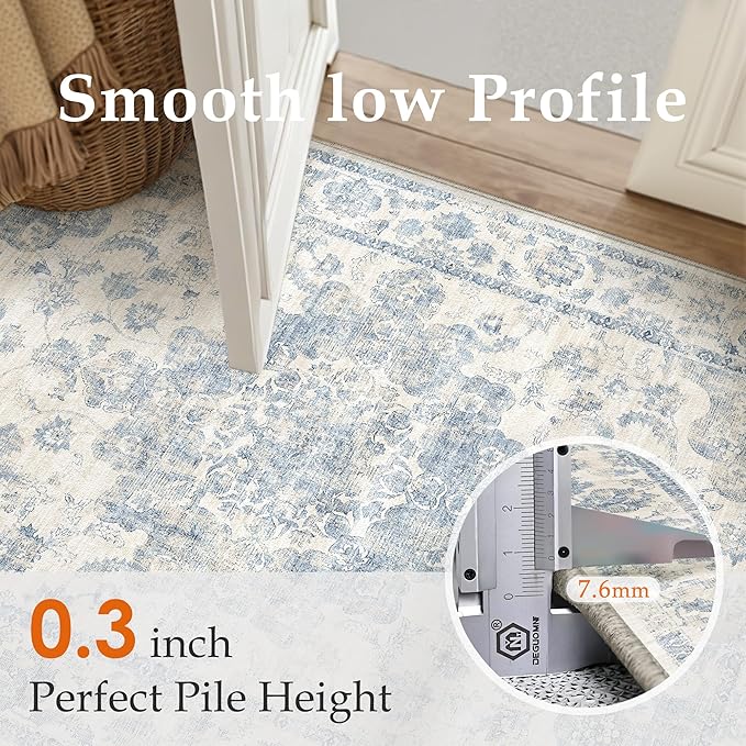 2x6 Washable Neutral Runner Rug Blue Vintage Hallway Kitchen Carpet Non-Slip Soft Low Pile Floral Throw Rug for Bedroom Bathroom Laundry Living Room