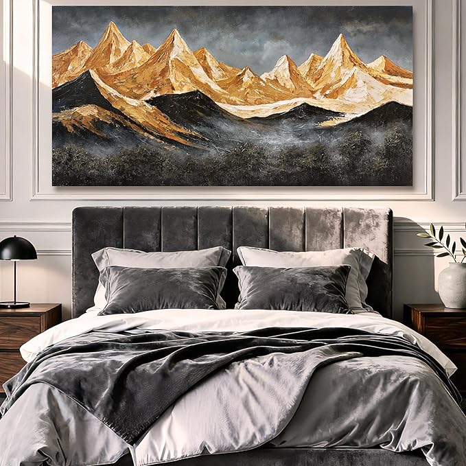YETHEN WAL Golden Peaks Mountain Wall Art – Large Textured Landscape Canvas Print, Gold & Slate Mountain Scenery for Living Room or Bedroom, Horizontal 24×48 Inch
