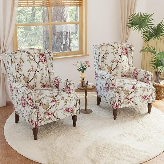 Lumibee Wingback Accent Chair, 2 Set High Back Floral Armchairs in Fabric,Comfy Upholstered Reading Single Sofa Chairs with Solid Wood Legs for Living Room,Bedroom,Office-Floral Beige