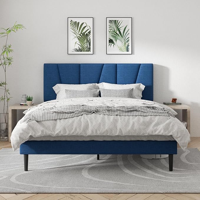 Full Size Platform Bed Frame with Geometric Upholstered Headboard, Noise Free, Wooden Slats Support, No Box Spring Needed, Easy Assembly, Blue, Linen