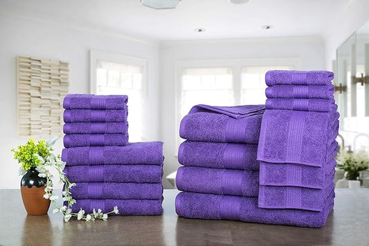 Ample Decor Bathroom Towel Set of 18-4 Hand Towel, 4 Bath Towel, 10 Wash Cloths - Oeko Tex Certified 600 GSM 100% Cotton - High Absorbency Quick Drying, Ideal for Gifting - Purple