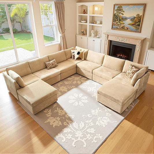 Large 9 Seat Modular Sectional Sofa with Ottoman Seat Corduroy Sleeper Sectional Sofa Bed Oversized Convertible Modular Couch for Living Room