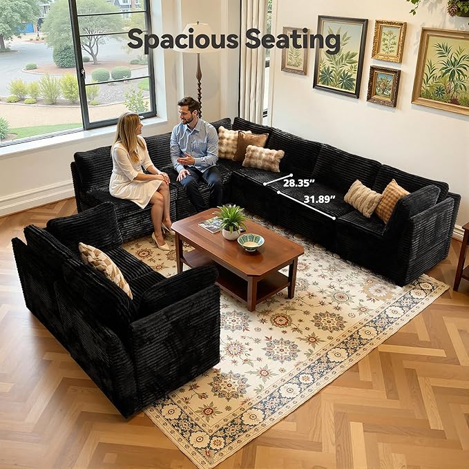 Large 8 Seat Modular Sectional Sofa with Ottoman Seat Corduroy Sleeper Sectional Sofa Bed Oversized Convertible Modular Couch for Living Room