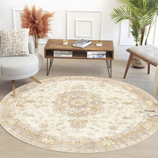 Boho Round Rug 5ft, Circle Area Rugs for Bedroom Living Room Bedside,Washable Vintage Bohemian Distressed Oriental Floral Carpet Non Slip,Retro Beige Floral