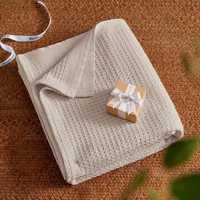 Bedsure Gentlesoft 100% Cotton Blanket Queen Size for Bed - Breathable and Soft, Thick Cozy Waffle Weave Christmas Blanket Gift for Women, Begie, 90x90 Inches