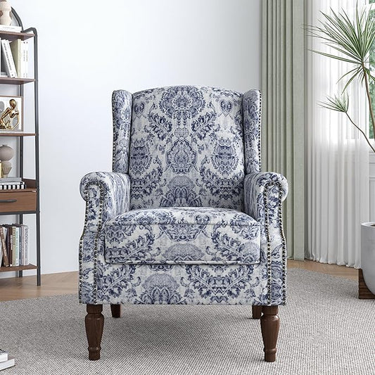 Lumibee Wingback Accent Chair,High Back Floral Armchairs in Fabric,Comfy Upholstered Reading Single Sofa Chair with Solid Wood Legs for Living Room,Bedroom,Office-Navy