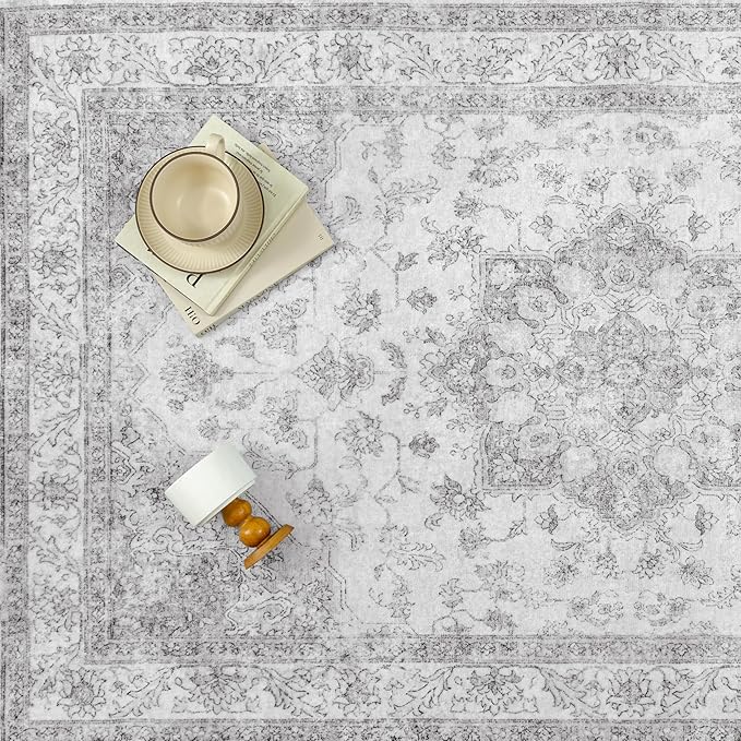 Grey Gray Area Rug 6x9 Washable Vintage Carpet for Living Room Bedroom Large Soft Retro Low Pile Thin Indoor Rug Non Slip Oriental Medallion Floor Cover for Dining Room Office