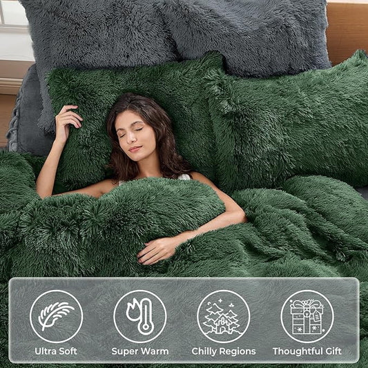 Sasttie 3-Piece Fluffy Duvet Cover Full, Ultra Soft Faux Fur and Velvet Sage Comforter Cover, Luxury Fuzzy Bedding Sets for Winter Bed, Includes 1 Duvet Cover and 2 Pillowcases, No Comforter