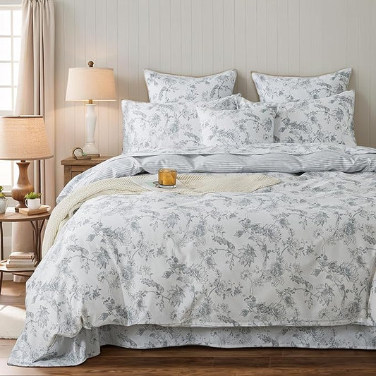 FADFAY Gray and White Duvet Cover Set Twin Shabby White Floral Bedding Vintage Bird Farmhouse Bedding Rustic Peacock Quilt Cover 100% Cotton Comforter Cover with Hidden Zipper Closure 3Pcs, Twin Size