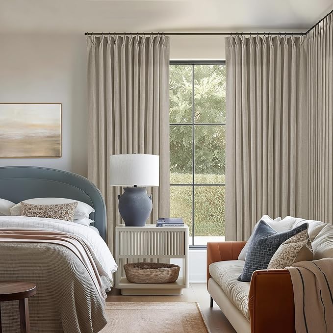 Pinch Pleat Linen Curtains 108 Inches Long 70 Inch Wide for Patio Sliding Door Light Filtering Semi Sheer Pleated Drapes Back Tab Burlywood Taupe Extra Wide 70 x 108 Curtain for Living Dining Room
