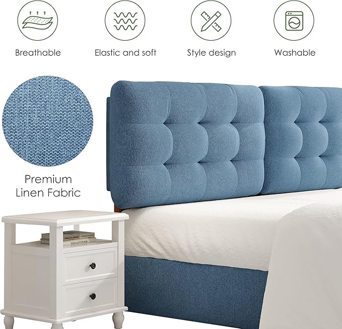 Tufted Upholstered King Headboard, Adjustable Height King Size Headboard Only from 39”to 44” with Durable Solid Wood Legs, Modern Button Diamond Fabric Head Board with Width Adapters, Blue