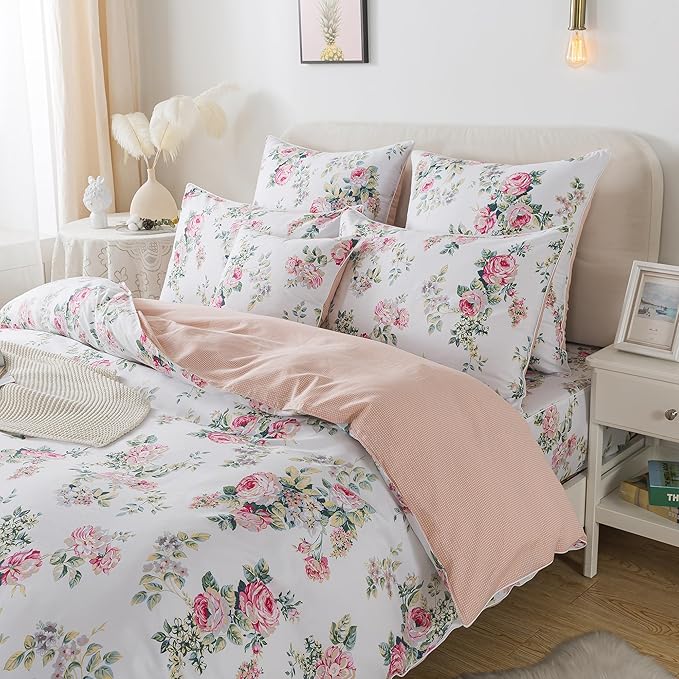 FADFAY Duvet Cover Set Twin XL Pink Rose Floral College Bedding Shabby Peony Flower Quilt Cover Set 100% Cotton Soft Comforter Cover Set with Hidden Zipper Closure 3Pcs, Twin XL Size for Dorm Room