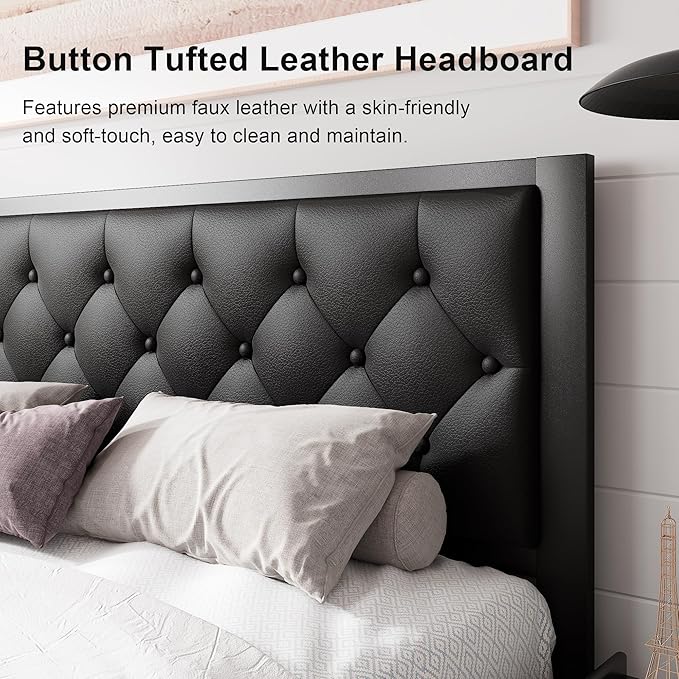 Feonase Full Size Metal Bed Frame with Faux Leather Button Tufted Headboard, Heavy-Duty Platform Bed Frame with 12" Storage, Steel Slats Support, No Box Spring Needed, Noise Free, Matte Black