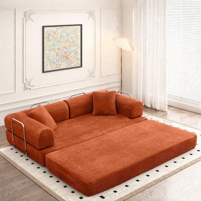 Convertible Sleeper Sofa Bed, Corduroy Floor Couch with Fixed-Shape Frame, Comfy Modular Floor Sofa with Pull Out Bed, Loveseat Sleeper Boneless Couch for Living Room, Orange