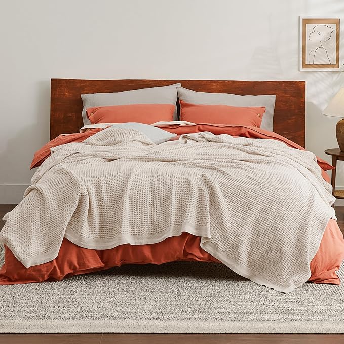 Bedsure Gentlesoft 100% Cotton Blanket King Size for Bed - Breathable and Soft, Thick Cozy Waffle Weave Christmas Blanket Gift for Women, Light Beige, 104x90 inches