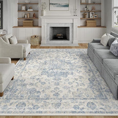 6x9 Washable Neutral Area Rug Blue Vintage Living Room Bedroom Carpet Non-Slip Soft Low Pile Floral Indoor Throw Rug for Dining Room Entryway Office