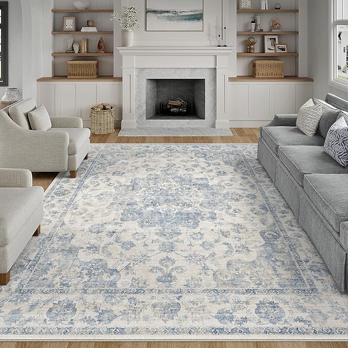 6x9 Washable Neutral Area Rug Blue Vintage Living Room Bedroom Carpet Non-Slip Soft Low Pile Floral Indoor Throw Rug for Dining Room Entryway Office