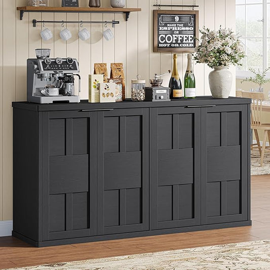 Sideboard Buffet Cabinet with Storage, 60" Modern Farmhouse Accent Cabinet with Geometric Fluted Doors & Magnetic Catch, Wood Coffee/TV Console Table Credenza for Kitchen, Living Room (Black)