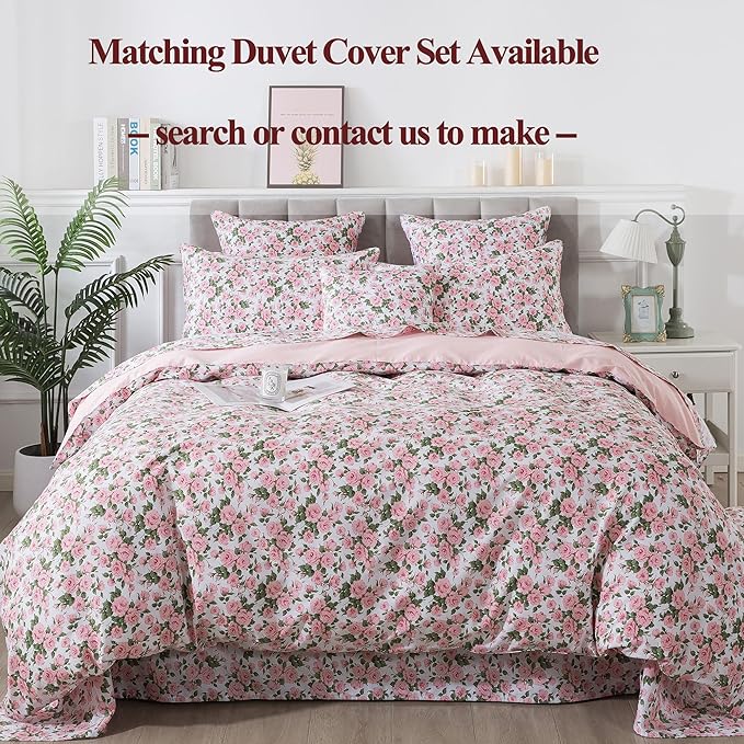 FADFAY Sheets Set Full Pink Rose Floral Bedding Rustic Peony Flower Bed Sheet Set Vintage Farmhouse Bedding 100% Cotton Ultra Soft Breathable Collection with Deep Pocket Fitted Sheet 4Pcs, Full Size