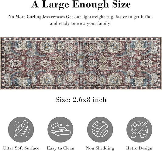 RUGSURE Washable Area Rugs - Perfect for Living Room, Bedroom, Kids Room, Nursery - Stain & Water Resistant Non-Slip, Pet & Child Friendly, Vintage Tribal Area Rugs (Rust and Bule, 2'6'' x 8')