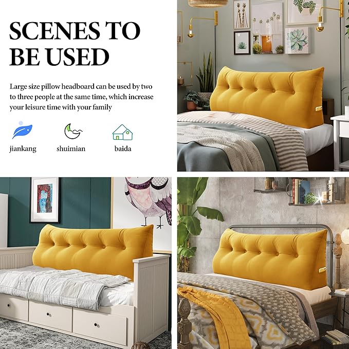 Bed Wedge Headboard Pillow - College Dorm Reading Pillow Back Support While Sitting in Bed - Ergonomic Lumbar Pillow Body Positioning Bed Pillow - Velvet Golden Yellow 76IN