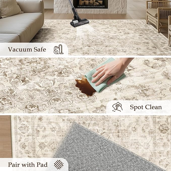 5x7 Washable Neutral Area Rug Beige Vintage Living Room Bedroom Carpet Non-Slip Soft Medium Pile Floral Indoor Throw Rug for Dining Room Entryway Office