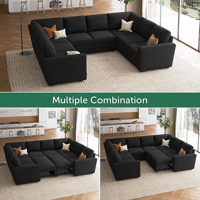 HONBAY Sleeper Sectional Couch with Pull Out Bed, Velvet Modular Sofa with Storage, U Shaped Sectional Couches for Living Room, Black