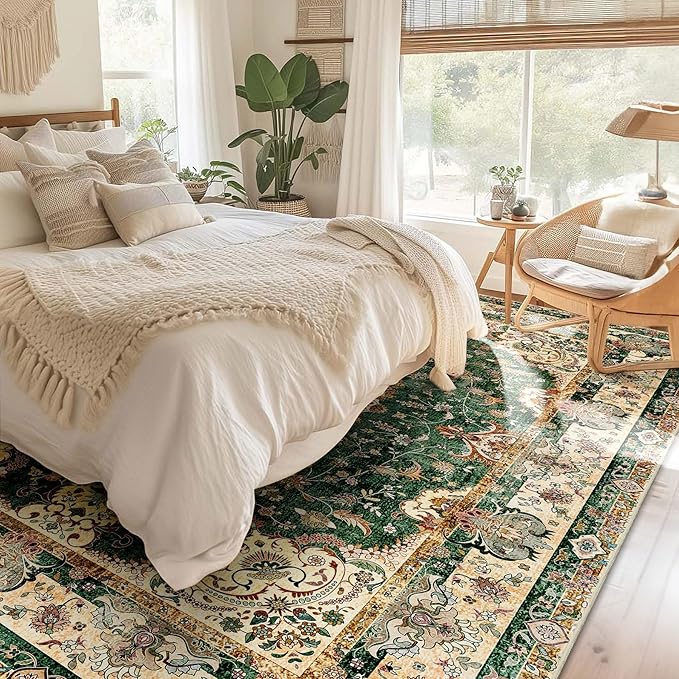 9'x12' Area Rugs Washable,Large Green Rug for Living Room Bedroom Dining Room,Boho Vintage Bohemian Distressed Oriental Carpet Non Slip,Retro Sage Floral