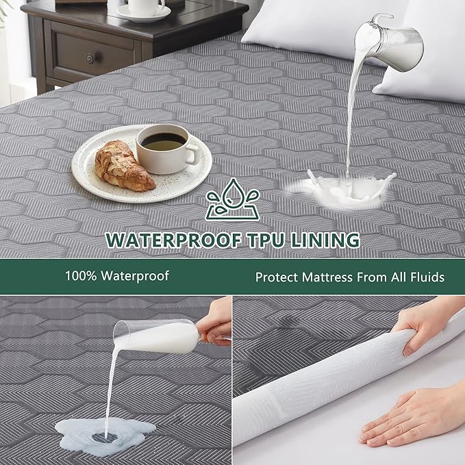 Queen Size Waterproof Mattress Protector, 40% Rayon Derived from Bamboo Grey Mattress Pad Cover, 3D Air Fabric Breathable Mattress Pad Fitted with Deep Pocket 6"- 15" Machine Washable