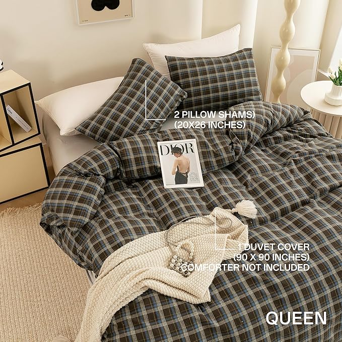 ECOCOTT Buffalo Plaid Duvet Cover Queen Size – 3 Piece Washed Cotton Brown & Blue Bedding Set, Soft & Breathable, Reversible Checkered Design with Zipper Closure & Corner Ties