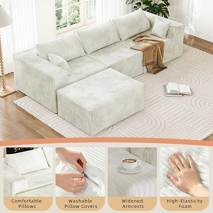 110" Cloud Couch Sectional for Living Room L-Shape Boneless Couches Modular Sectional Sofa with Deep Seat with Chaise,No Assembly Required, Carbon White(Plush Corduroy Fabric)