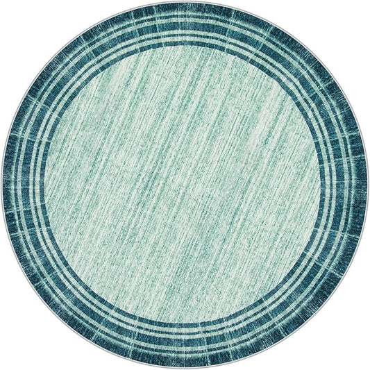 Lahome Abstract Round Rug 6 ft for Living Room, Ultra Thin Washable Soft Circle Bedroom Area Rug, Teal Printed Minimalist Boder Indoor Circular Carpet for Office Dining Room Under Table