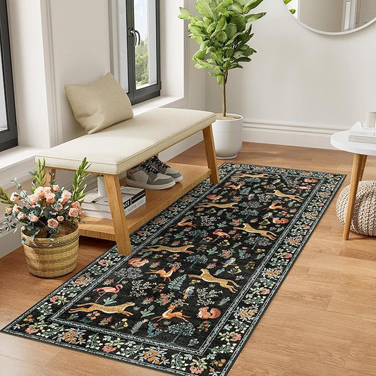 DUKINO 2x5 Rug for Hallway, Washable Kitchen Runner Rug with Non Slip Backing, Soft Low Pile Vintage Animal Runner for Bedroom, Kitchen, Hallway, Entryway, Laundry, Black
